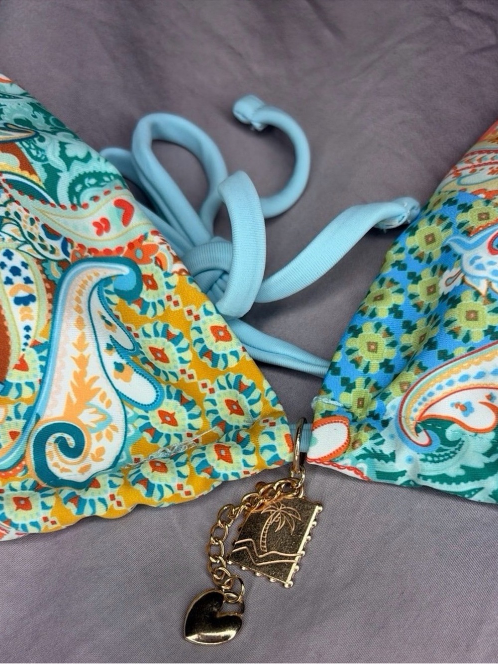 NEW | Multicolor Paisley Triangle Bikini with Light Blue Straps - Picture 2 of 6